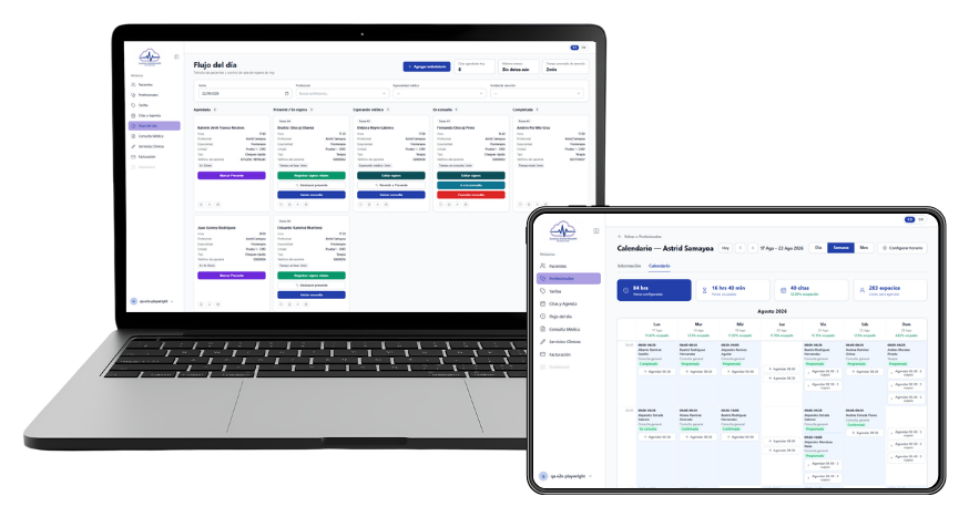 Avanza Smarthealth en laptop y tablet: flujo del día y calendario de citas